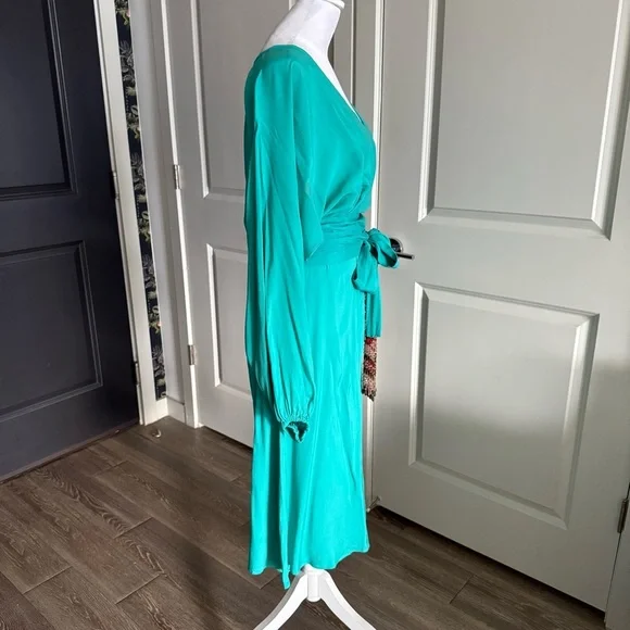 Alexis Teal Blue 100% Silk Long Sleeve Midi Dress with Beaded Sash Belt Size L - Picture 4 of 12
